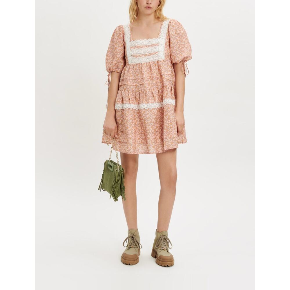 Maje Pink Floral Lace-Trim Babydoll Maxi Dress